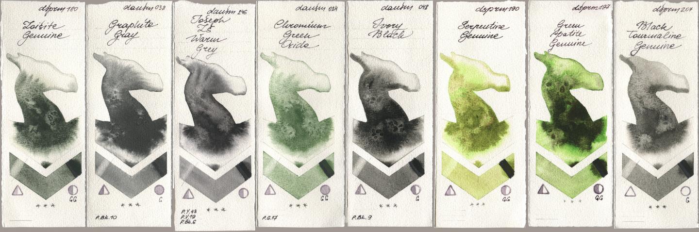 Daniel Smith 180 Zoisite Genuine, 038 Graphite Gray, 246 Joseph Zs Warm Grey, 024 Chromium Green Oxide, 048 Ivory Black, 190 Serpentine Genuine, 197 Green Apatite Genuine, 207 Black Tourmaline Genui watercolor swatch