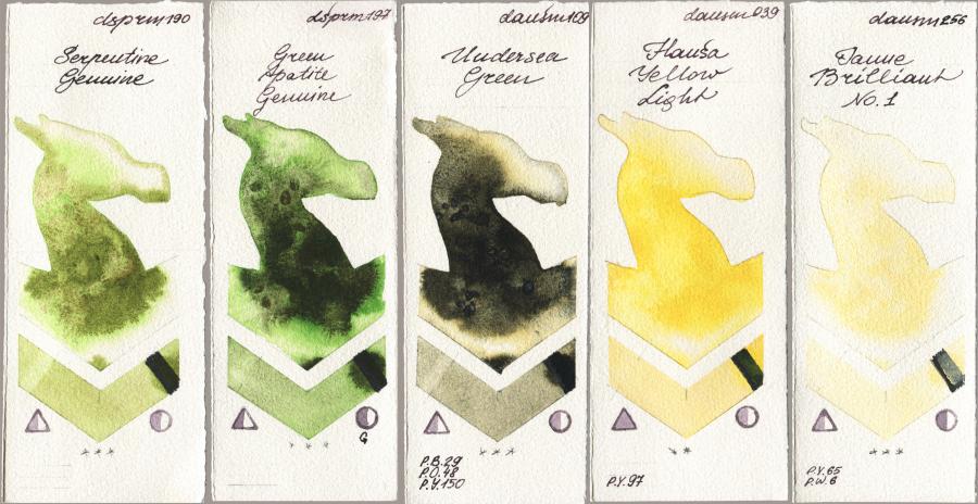 Daniel Smith 190 Serpentine Genuine vs 197 Green Apatite Genuine vs 109 Undersea Green vs 039 Hansa Yellow Light vs 256 Jaune Brilliant No 1 watercolor swatch