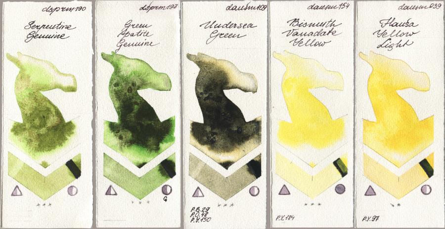 Daniel Smith 190 Serpentine Genuine vs 197 Green Apatite Genuine vs 109 Undersea Green vs 154 Bismuth Vanadate Yellow vs 039 Hansa Yellow Light watercolor swatch