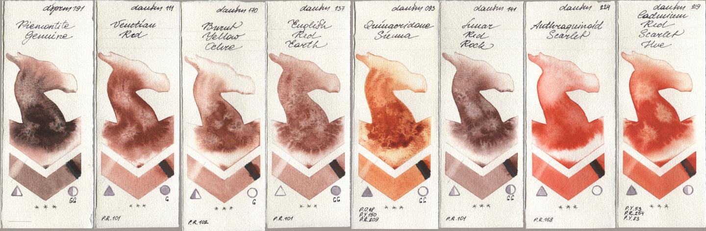 Daniel Smith 191 Piemontite Genuine, 111 Venetian Red, 170 Burnt Yellow Ochre, 137 English Red Earth, 093 Quinacridone Sienna, 141 Lunar Red Rock, 224 Anthraquinoid Scarlet, 219 Cadmium Red Scarlet H watercolor swatch