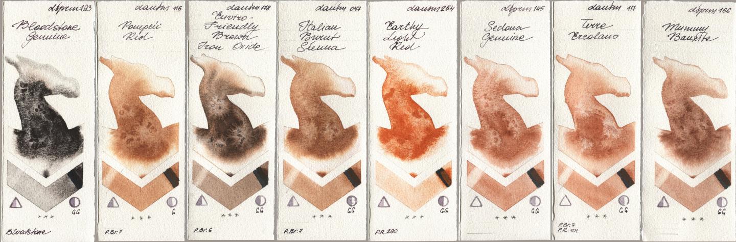 Daniel Smith 193 Bloodstone Genuine, 116 Pompeii Red, 178 Enviro-Friendly Brown Iron Oxide, 047 Italian Burnt Sienna, 254 Earthy Light Red, 145 Sedona Genuine, 117 Terre Ercolano, 166 Mummy Bauxi watercolor swatch