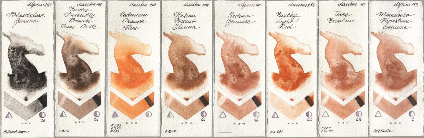 Daniel Smith 193 Bloodstone Genuine, 178 Enviro-Friendly Brown Iron Oxide, 220 Cadmium Orange Hue, 047 Italian Burnt Sienna, 145 Sedona Genuine, 254 Earthy Light Red, 117 Terre Ercolano, 143 Minnesota Pipestone Genui watercolor swatch