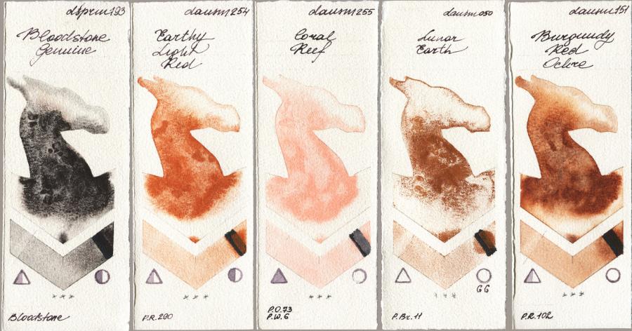 Daniel Smith 193 Bloodstone Genuine vs 254 Earthy Light Red vs 255 Coral Reef vs 050 Lunar Earth vs 151 Burgundy Red Ochre watercolor swatch