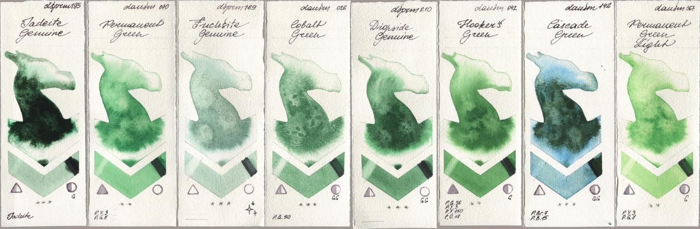 Daniel Smith 195 Jadeite Genuine, 070 Permanent Green, 169 Fuchsite Genuine, 026 Cobalt Green, 210 Diopside Genuine, 042 Hookers Green, 142 Cascade Green, 067 Permanent Green Lig watercolor swatch
