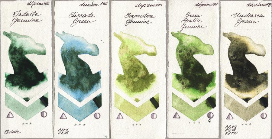 Daniel Smith 195 Jadeite Genuine vs 142 Cascade Green vs 190 Serpentine Genuine vs 197 Green Apatite Genuine vs 109 Undersea Green watercolor swatch