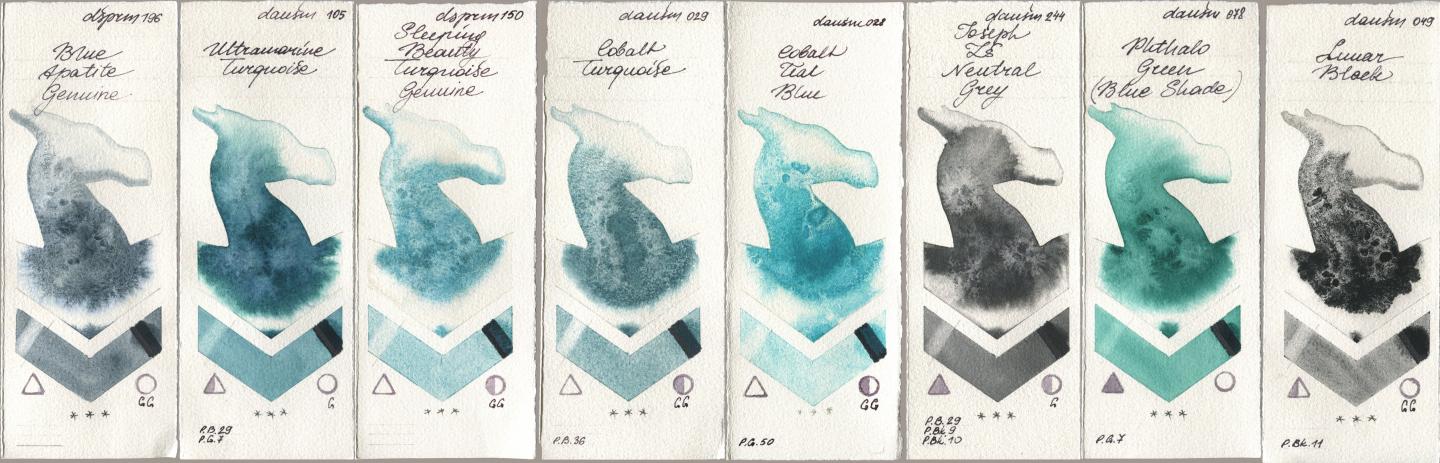 Daniel Smith 196 Blue Apatite Genuine, 105 Ultramarine Turquoise, 150 Sleeping Beauty Turquoise Genuine, 029 Cobalt Turquoise, 028 Cobalt Teal Blue, 244 Joseph Zs Neutral Grey, 078 Phthalo Green (Blue Shade), 049 Lunar Bla watercolor swatch