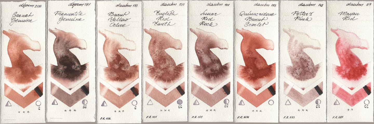 Daniel Smith 205 Garnet Genuine, 191 Piemontite Genuine, 170 Burnt Yellow Ochre, 137 English Red Earth, 141 Lunar Red Rock, 087 Quinacridone Burnt Scarlet, 148 Potters Pink, 217 Mayan R watercolor swatch