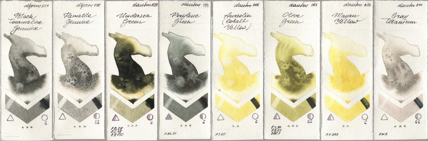 Daniel Smith 207 Black Tourmaline Genuine, 156 Hematite Genuine, 109 Undersea Green, 194 Perylene Green, 006 Aureolin (Cobalt Yellow), 063 Olive Green, 212 Mayan Yellow, 241 Gray Titani watercolor swatch