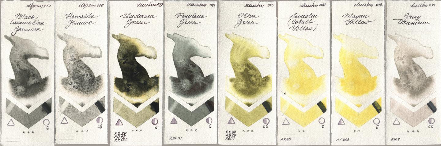Daniel Smith 207 Black Tourmaline Genuine, 156 Hematite Genuine, 109 Undersea Green, 194 Perylene Green, 063 Olive Green, 006 Aureolin (Cobalt Yellow), 212 Mayan Yellow, 241 Gray Titani watercolor swatch