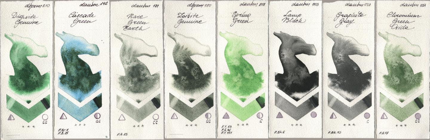 Daniel Smith 210 Diopside Genuine, 142 Cascade Green, 181 Rare Green Earth, 180 Zoisite Genuine, 208 Spring Green, 003 Lamp Black, 038 Graphite Gray, 024 Chromium Green Oxi watercolor swatch