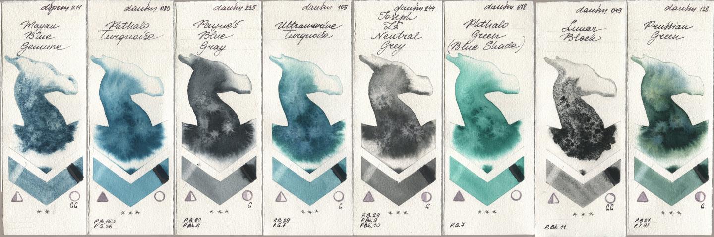 Daniel Smith 211 Mayan Blue Genuine, 080 Phthalo Turquoise, 235 Paynes Blue Gray, 105 Ultramarine Turquoise, 244 Joseph Zs Neutral Grey, 078 Phthalo Green (Blue Shade), 049 Lunar Black, 128 Prussian Gre watercolor swatch