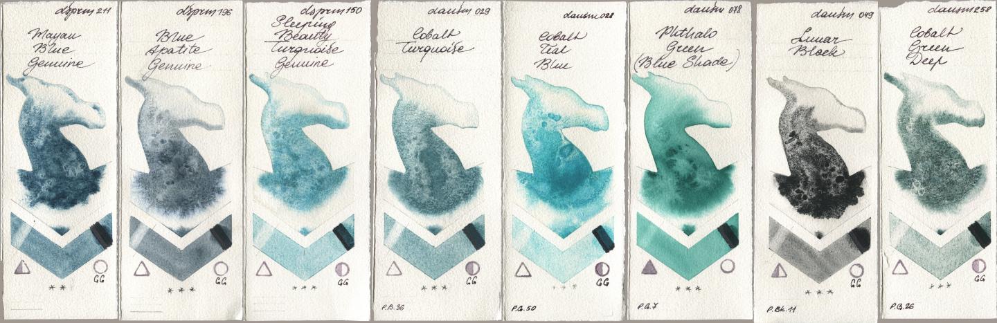 Daniel Smith 211 Mayan Blue Genuine, 196 Blue Apatite Genuine, 150 Sleeping Beauty Turquoise Genuine, 029 Cobalt Turquoise, 028 Cobalt Teal Blue, 078 Phthalo Green (Blue Shade), 049 Lunar Black, 258 Cobalt Green De watercolor swatch