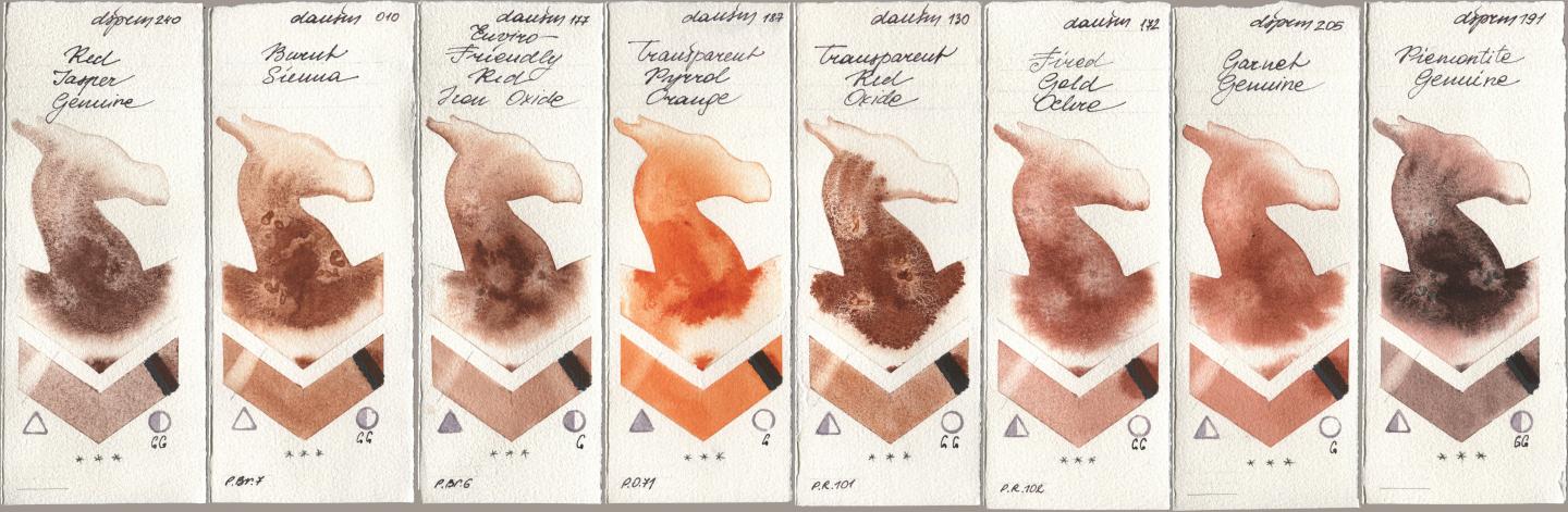 Daniel Smith 240 Red Jasper Genuine, 010 Burnt Sienna, 177 Enviro-Friendly Red Iron Oxide, 187 Transparent Pyrrol Orange, 130 Transparent Red Oxide, 172 Fired Gold Ochre, 205 Garnet Genuine, 191 Piemontite Genui watercolor swatch