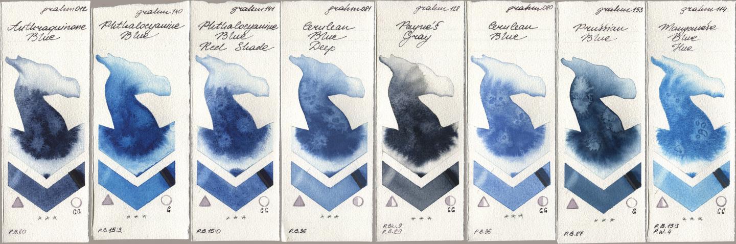 M. Graham & Co. Artists 012 Anthraquinone Blue, 140 Phthalocyanine Blue, 141 Phthalocyanine Blue Red Shade, 081 Cerulean Blue Deep, 128 Payne’s Gray, 080 Cerulean Blue, 153 Prussian Blue, 114 Manganese Blue H watercolor swatch