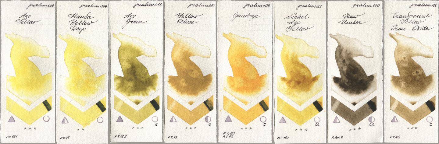 M. Graham & Co. Artists 018 Azo Yellow, 106 Hansa Yellow Deep, 016 Azo Green, 200 Yellow Ochre, 105 Gamboge, 123 Nickel Azo Yellow, 170 Raw Umber, 188 Transparent Yellow Iron Oxi watercolor swatch