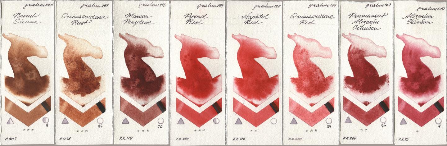M. Graham & Co. Artists 020 Burnt Sienna, 157 Quinacridone Rust, 113 Maroon Perylene, 154 Pyrrol Red, 120 Naphthol Red, 155 Quinacridone Red, 129 Permanent Alizarin Crimson, 010 Alizarin Crims watercolor swatch