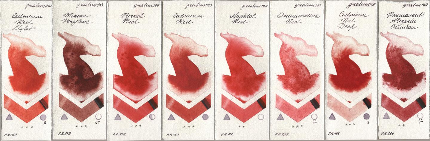 M. Graham & Co. Artists 050 Cadmium Red Light, 113 Maroon Perylene, 154 Pyrrol Red, 040 Cadmium Red, 120 Naphthol Red, 155 Quinacridone Red, 045 Cadmium Red Deep, 129 Permanent Alizarin Crims watercolor swatch