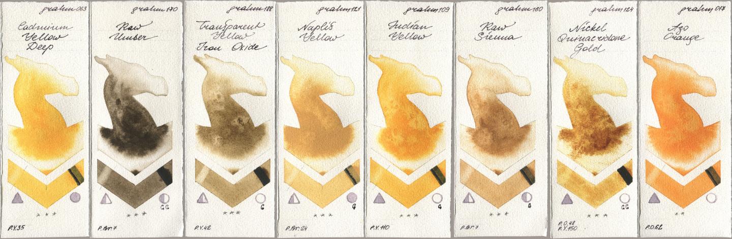 M. Graham & Co. Artists 063 Cadmium Yellow Deep, 170 Raw Umber, 188 Transparent Yellow Iron Oxide, 121 Naples Yellow, 109 Indian Yellow, 160 Raw Sienna, 124 Nickel Quinacridone Gold, 017 Azo Oran watercolor swatch