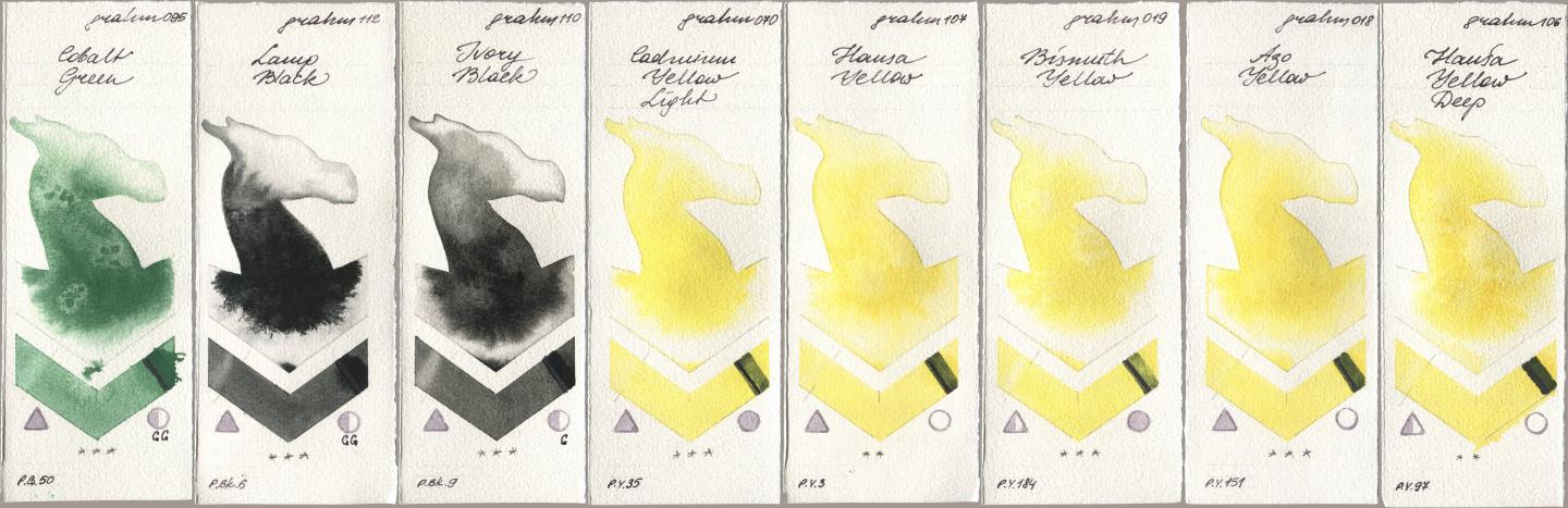 M. Graham & Co. Artists 095 Cobalt Green, 112 Lamp Black, 110 Ivory Black, 070 Cadmium Yellow Light, 107 Hansa Yellow, 019 Bismuth Yellow, 018 Azo Yellow, 106 Hansa Yellow De watercolor swatch