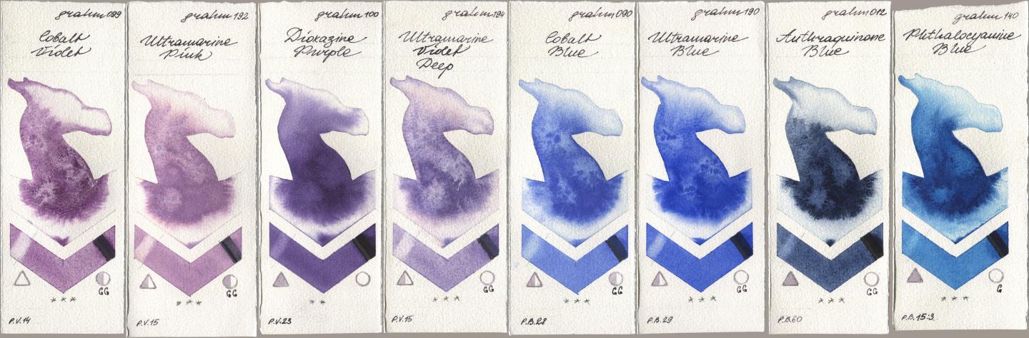M. Graham & Co. Artists 099 Cobalt Violet, 192 Ultramarine Pink, 100 Dioxazine Purple, 194 Ultramarine Violet Deep, 090 Cobalt Blue, 190 Ultramarine Blue, 012 Anthraquinone Blue, 140 Phthalocyanine Bl watercolor swatch