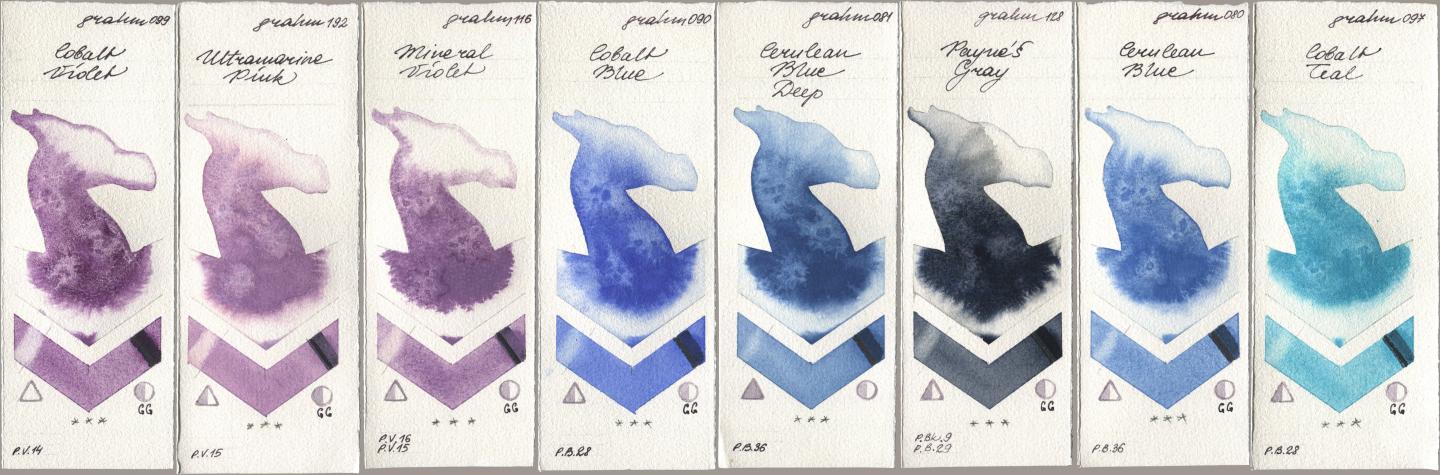 M. Graham & Co. Artists 099 Cobalt Violet, 192 Ultramarine Pink, 116 Mineral Violet, 090 Cobalt Blue, 081 Cerulean Blue Deep, 128 Payne’s Gray, 080 Cerulean Blue, 097 Cobalt Te watercolor swatch