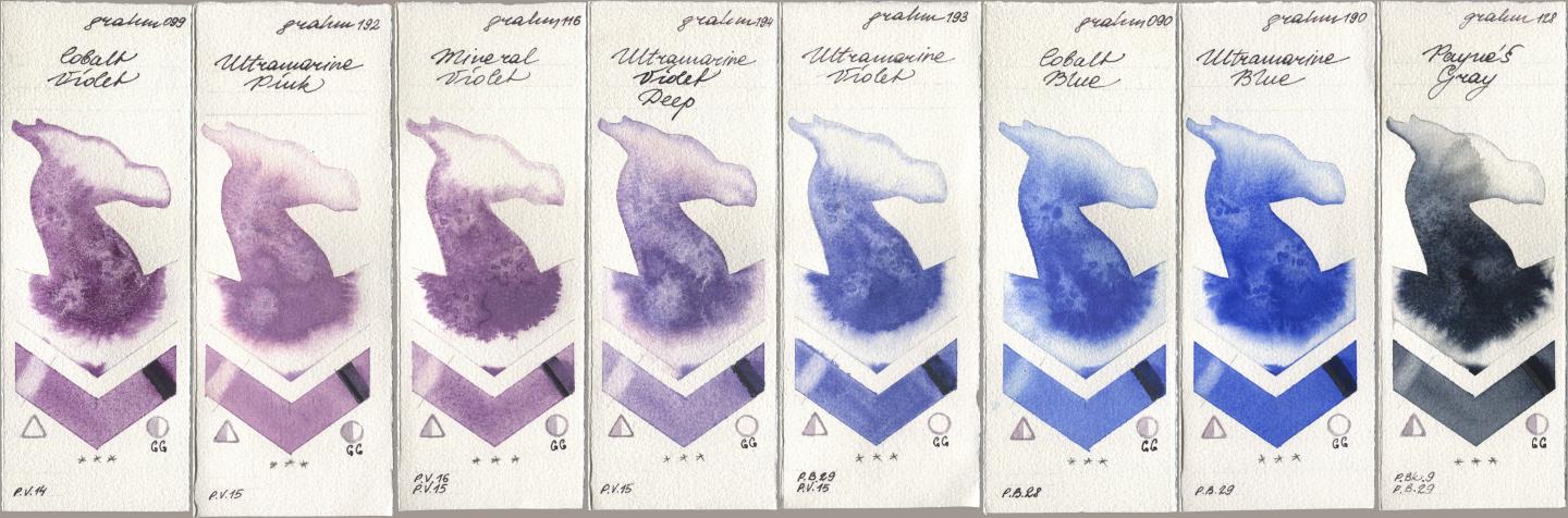 M. Graham & Co. Artists 099 Cobalt Violet, 192 Ultramarine Pink, 116 Mineral Violet, 194 Ultramarine Violet Deep, 193 Ultramarine Violet, 090 Cobalt Blue, 190 Ultramarine Blue, 128 Payne’s Gr watercolor swatch