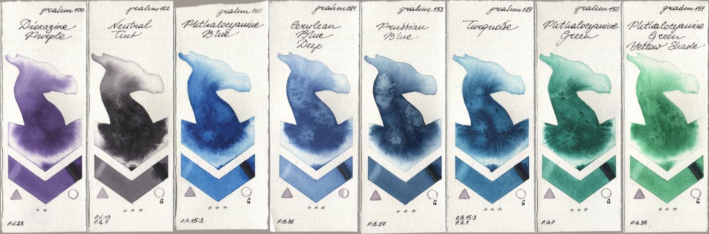 M. Graham & Co. Artists 100 Dioxazine Purple, 122 Neutral Tint, 140 Phthalocyanine Blue, 081 Cerulean Blue Deep, 153 Prussian Blue, 189 Turquoise, 150 Phthalocyanine Green, 151 Phthalocyanine Green Yellow Sha watercolor swatch