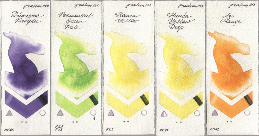 M. Graham & Co. Artists 100 Dioxazine Purple, 131 Permanent Green Pale, 107 Hansa Yellow, 106 Hansa Yellow Deep, 017 Azo Oran watercolor swatch