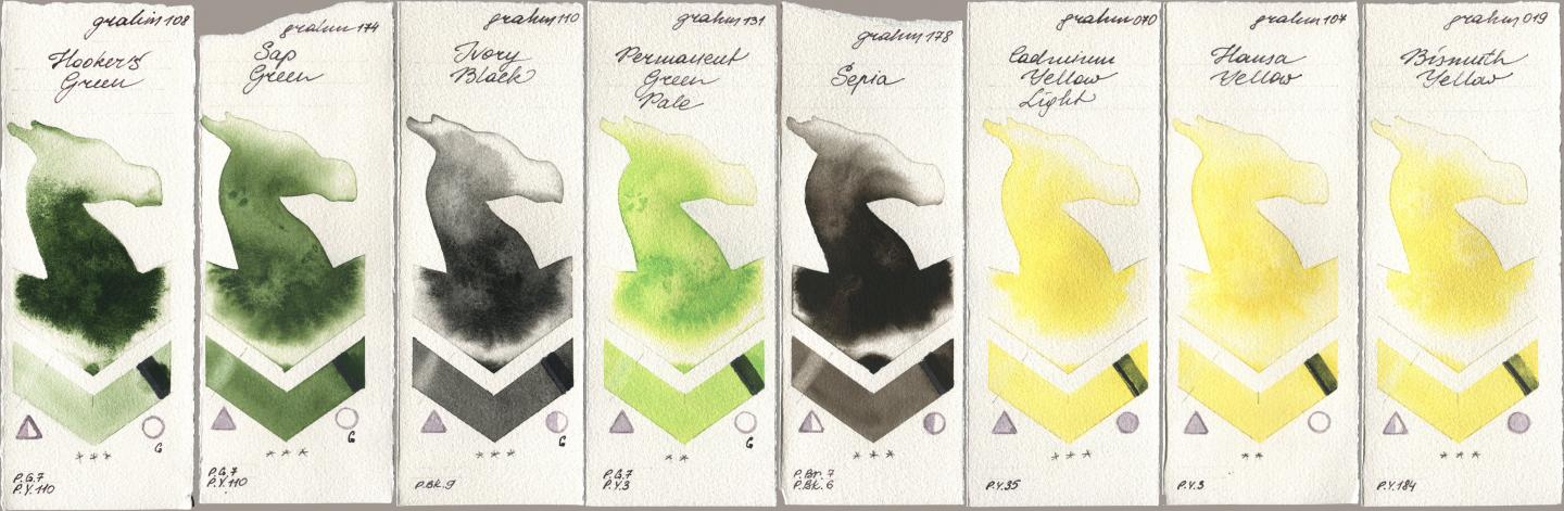 M. Graham & Co. Artists 108 Hookers Green, 174 Sap Green, 110 Ivory Black, 131 Permanent Green Pale, 178 Sepia, 070 Cadmium Yellow Light, 107 Hansa Yellow, 019 Bismuth Yell watercolor swatch