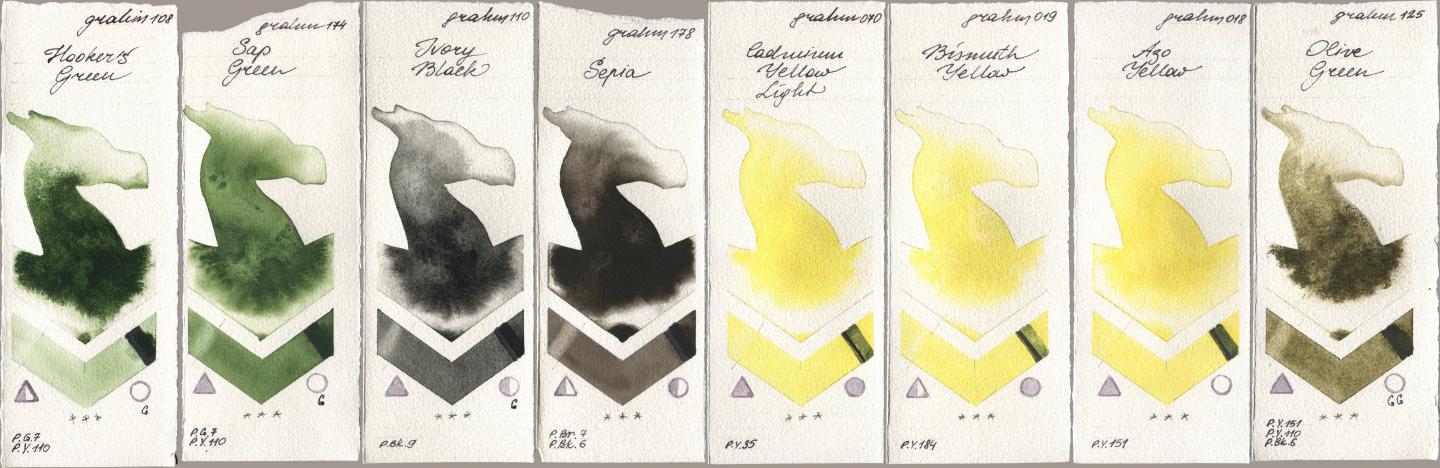 M. Graham & Co. Artists 108 Hookers Green, 174 Sap Green, 110 Ivory Black, 178 Sepia, 070 Cadmium Yellow Light, 019 Bismuth Yellow, 018 Azo Yellow, 125 Olive Gre watercolor swatch