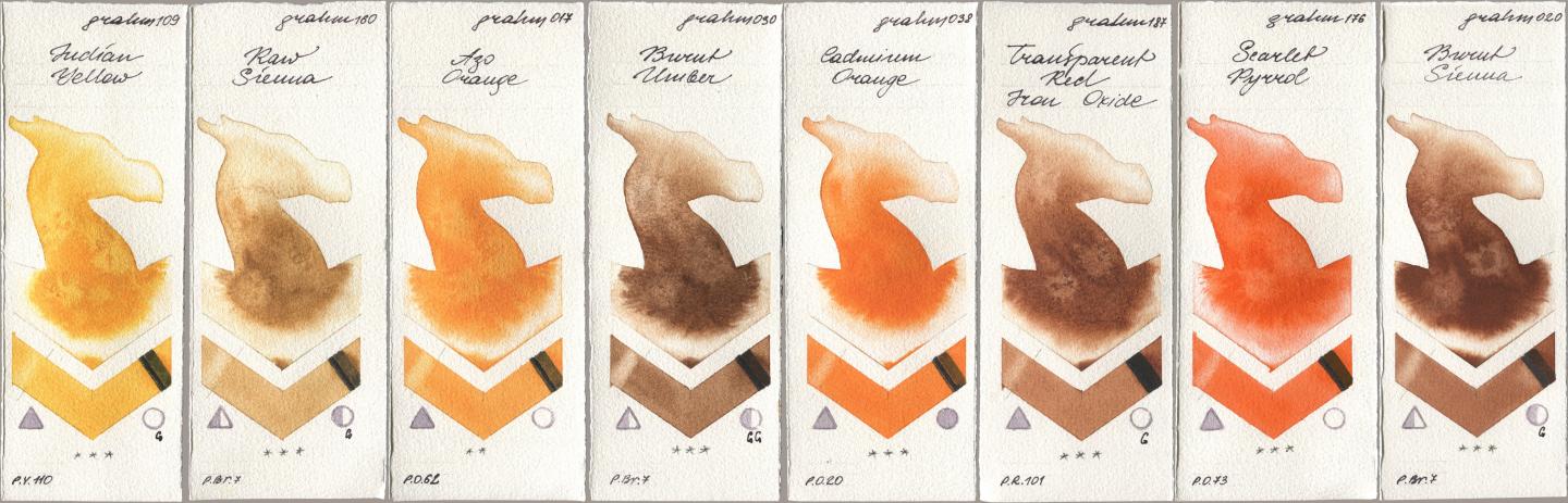 M. Graham & Co. Artists 109 Indian Yellow, 160 Raw Sienna, 017 Azo Orange, 030 Burnt Umber, 038 Cadmium Orange, 187 Transparent Red Iron Oxide, 176 Scarlet Pyrrol, 020 Burnt Sien watercolor swatch