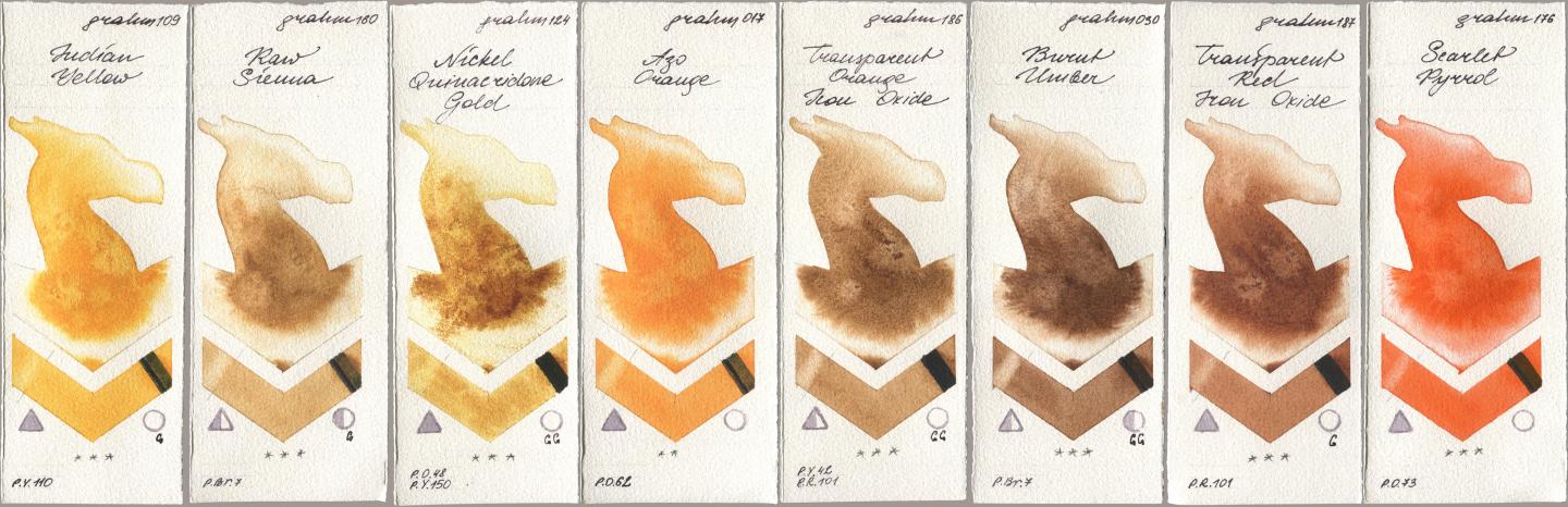 M. Graham & Co. Artists 109 Indian Yellow, 160 Raw Sienna, 124 Nickel Quinacridone Gold, 017 Azo Orange, 186 Transparent Orange Iron Oxide, 030 Burnt Umber, 187 Transparent Red Iron Oxide, 176 Scarlet Pyrr watercolor swatch