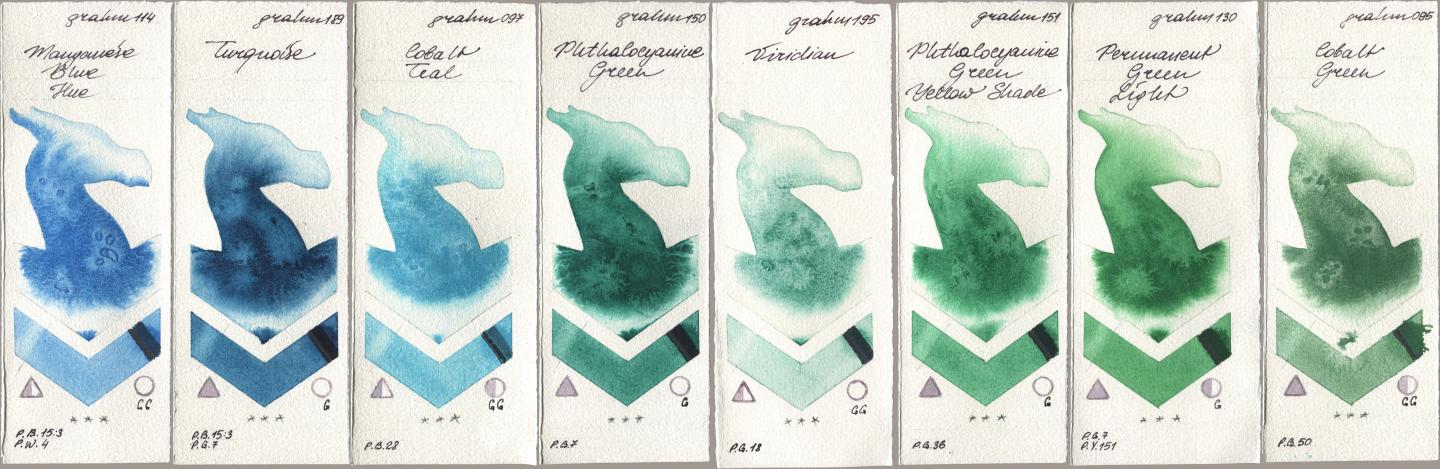 M. Graham & Co. Artists 114 Manganese Blue Hue, 189 Turquoise, 097 Cobalt Teal, 150 Phthalocyanine Green, 195 Viridian, 151 Phthalocyanine Green Yellow Shade, 130 Permanent Green Light, 095 Cobalt Gre watercolor swatch