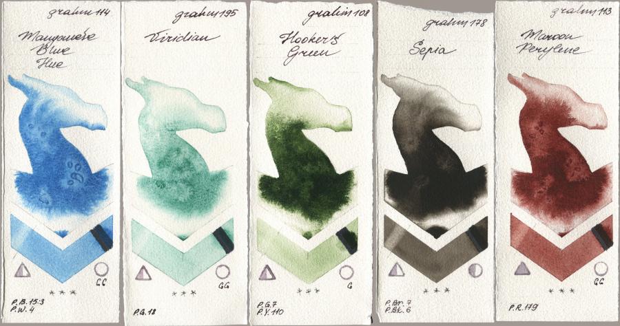 M. Graham & Co. Artists 114 Manganese Blue Hue, 195 Viridian, 108 Hookers Green, 178 Sepia, 113 Maroon Peryle watercolor swatch