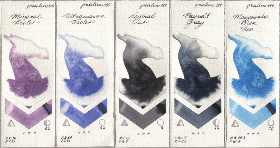 M. Graham & Co. Artists 116 Mineral Violet, 193 Ultramarine Violet, 122 Neutral Tint, 128 Payne’s Gray, 114 Manganese Blue H watercolor swatch