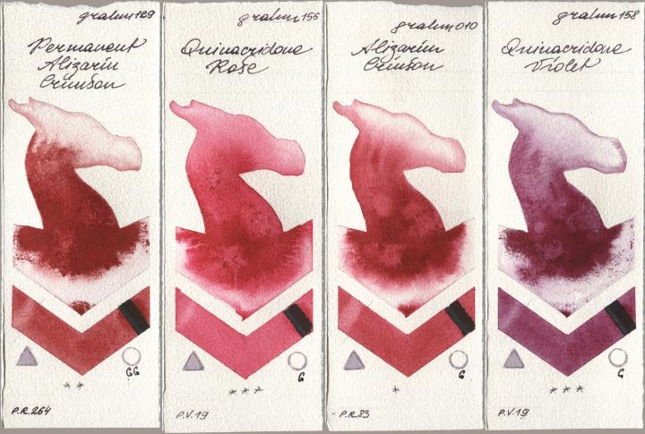 M. Graham & Co. Artists 129 Permanent Alizarin Crimson, 156 Quinacridone Rose, 010 Alizarin Crimson, 158 Quinacridone Viol watercolor swatch