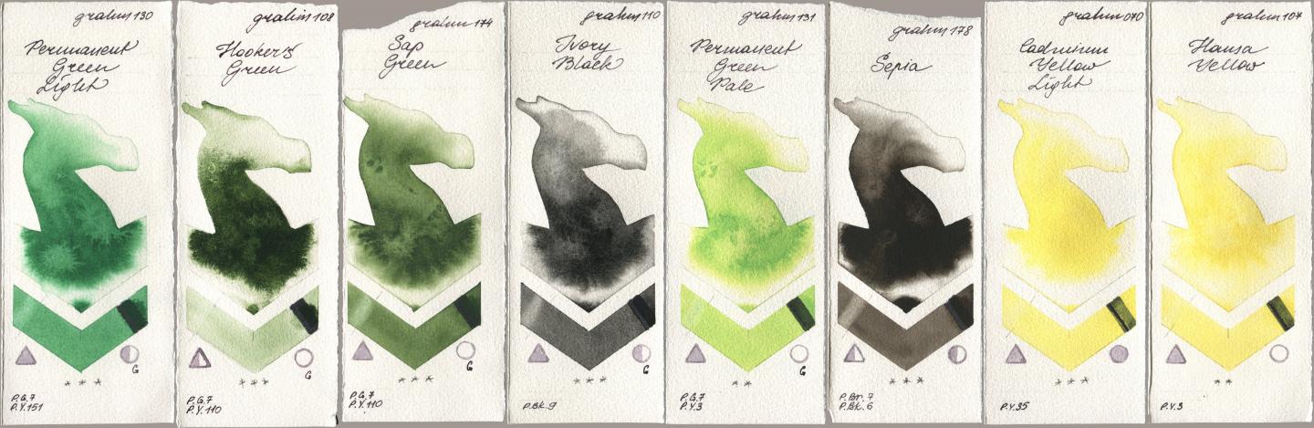 M. Graham & Co. Artists 130 Permanent Green Light, 108 Hookers Green, 174 Sap Green, 110 Ivory Black, 131 Permanent Green Pale, 178 Sepia, 070 Cadmium Yellow Light, 107 Hansa Yell watercolor swatch