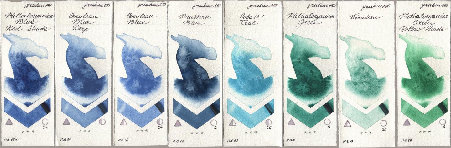 M. Graham & Co. Artists 141 Phthalocyanine Blue Red Shade, 081 Cerulean Blue Deep, 080 Cerulean Blue, 153 Prussian Blue, 097 Cobalt Teal, 150 Phthalocyanine Green, 195 Viridian, 151 Phthalocyanine Green Yellow Sha watercolor swatch