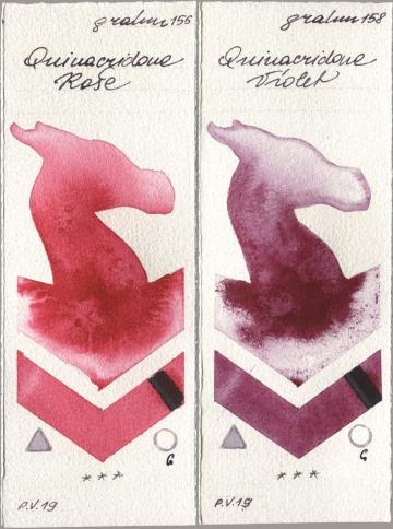 M. Graham & Co. Artists 156 Quinacridone Rose, 158 Quinacridone Viol watercolor swatch