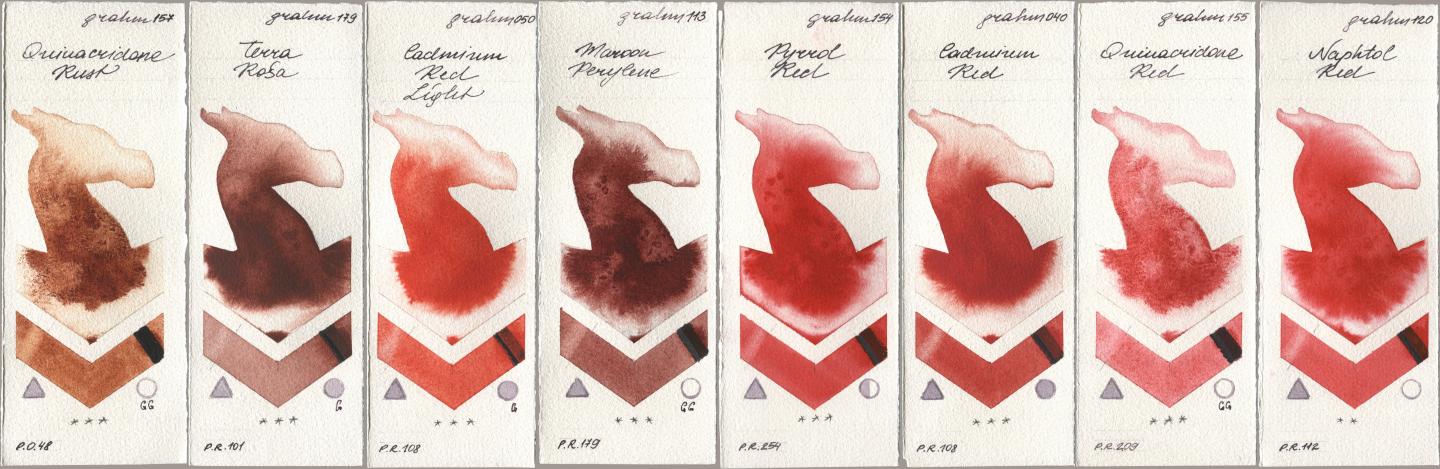M. Graham & Co. Artists 157 Quinacridone Rust, 179 Terra Rosa, 050 Cadmium Red Light, 113 Maroon Perylene, 154 Pyrrol Red, 040 Cadmium Red, 155 Quinacridone Red, 120 Naphthol R watercolor swatch