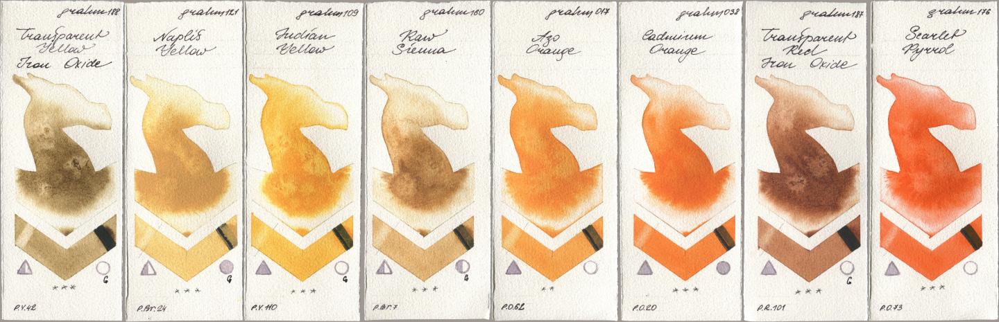 M. Graham & Co. Artists 188 Transparent Yellow Iron Oxide, 121 Naples Yellow, 109 Indian Yellow, 160 Raw Sienna, 017 Azo Orange, 038 Cadmium Orange, 187 Transparent Red Iron Oxide, 176 Scarlet Pyrr watercolor swatch