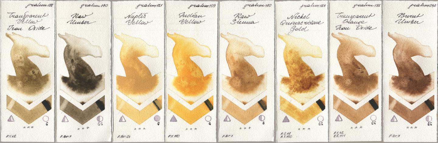 M. Graham & Co. Artists 188 Transparent Yellow Iron Oxide, 170 Raw Umber, 121 Naples Yellow, 109 Indian Yellow, 160 Raw Sienna, 124 Nickel Quinacridone Gold, 186 Transparent Orange Iron Oxide, 030 Burnt Umb watercolor swatch