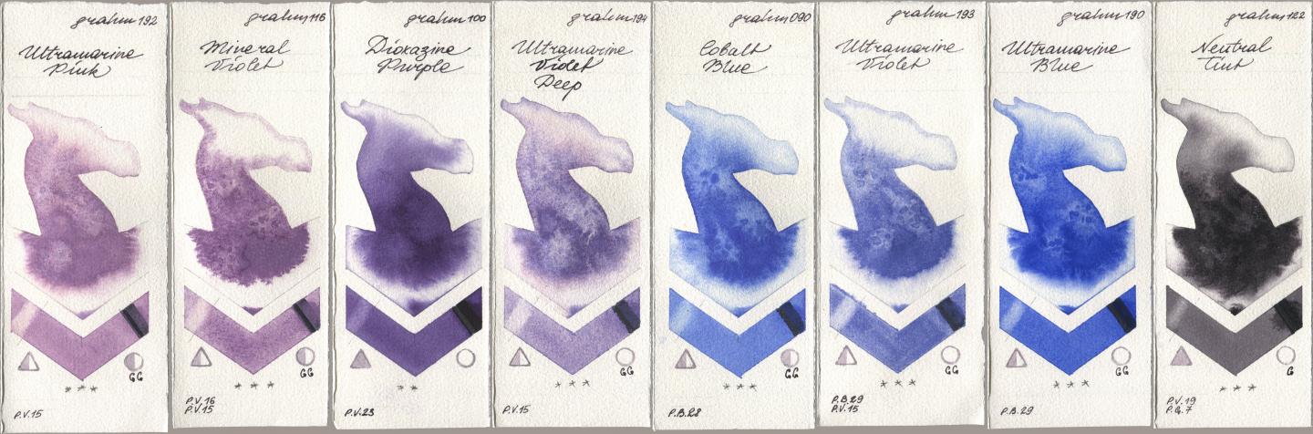 M. Graham & Co. Artists 192 Ultramarine Pink, 116 Mineral Violet, 100 Dioxazine Purple, 194 Ultramarine Violet Deep, 090 Cobalt Blue, 193 Ultramarine Violet, 190 Ultramarine Blue, 122 Neutral Ti watercolor swatch