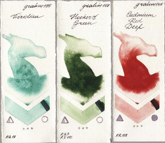M. Graham & Co. Artists 195 Viridian vs 108 Hookers Green vs 045 Cadmium Red Deep watercolor swatch