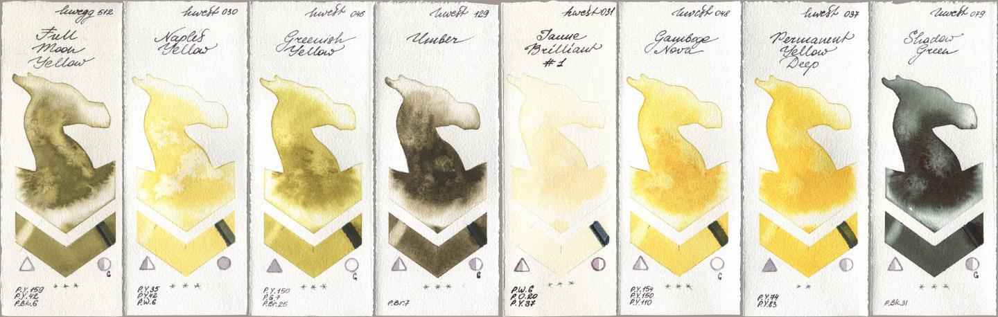 Holbein Artists Watercolor 512 Full Moon Yellow, 030 Naples Yellow, 046 Greenish Yellow, 129 Umber, 031 Jaune Brilliant No 1, 048 Gamboge Nova, 037 Permanent Yellow Deep, 079 Shadow Gre watercolor swatch