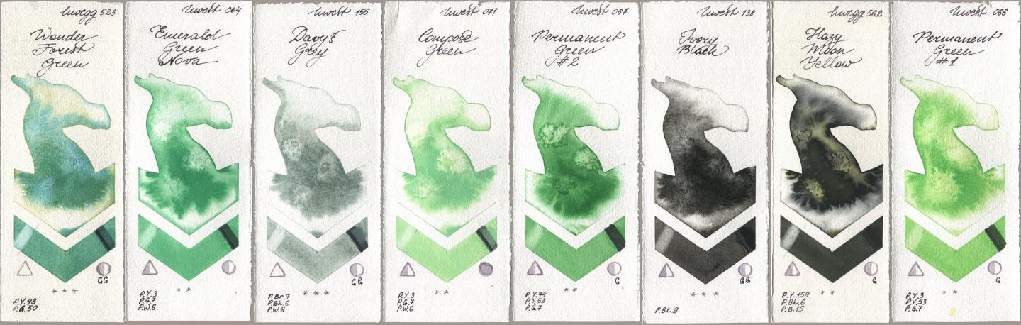 Holbein Artists Watercolor 523 Wonder Forest Green, 064 Emerald Green Nova, 155 Davys Grey, 071 Compose Green, 067 Permanent Green No 2, 138 Ivory Black, 562 Hazy Moon Yellow, 066 Permanent Green No watercolor swatch