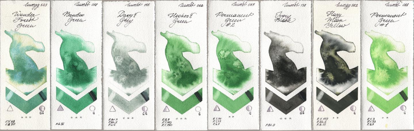 Holbein Artists Watercolor 523 Wonder Forest Green, 078 Bamboo Green, 155 Davys Grey, 062 Hookers Green, 067 Permanent Green No 2, 138 Ivory Black, 562 Hazy Moon Yellow, 066 Permanent Green No watercolor swatch