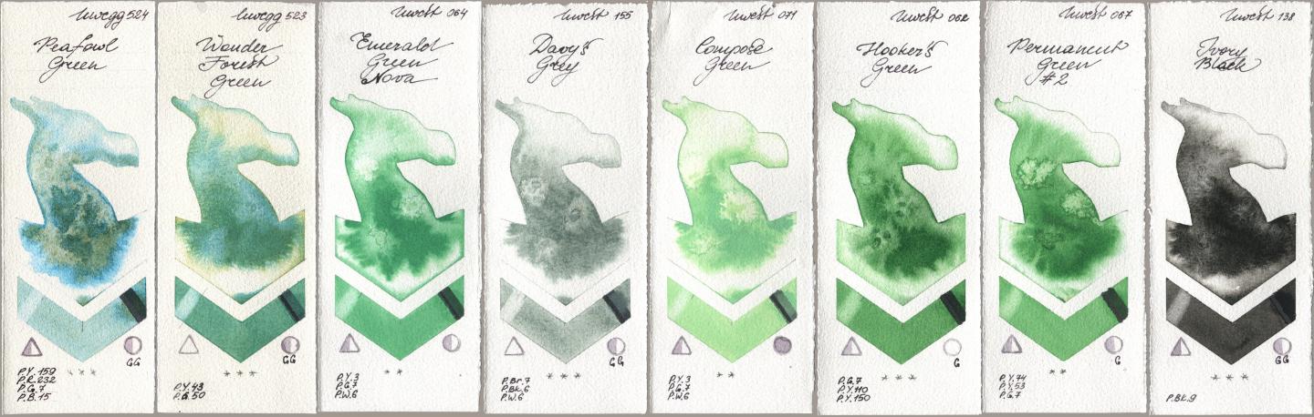 Holbein Artists Watercolor 524 Peafowl Green, 523 Wonder Forest Green, 064 Emerald Green Nova, 155 Davys Grey, 071 Compose Green, 062 Hookers Green, 067 Permanent Green No 2, 138 Ivory Bla watercolor swatch