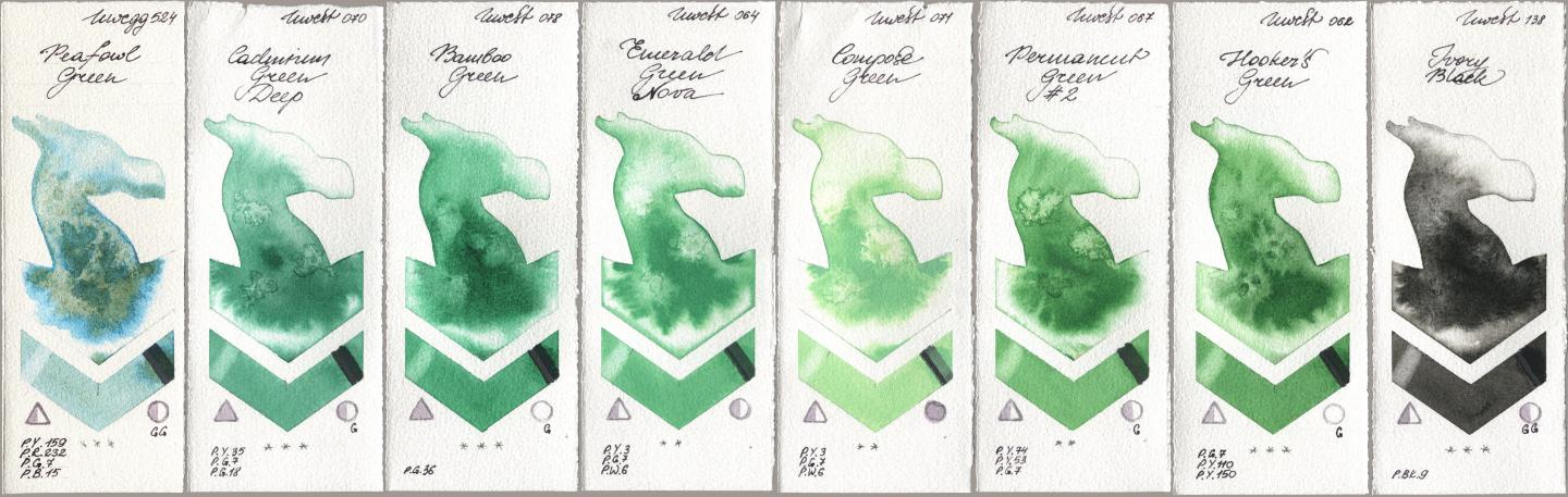 Holbein Artists Watercolor 524 Peafowl Green, 070 Cadmium Green Deep, 078 Bamboo Green, 064 Emerald Green Nova, 071 Compose Green, 067 Permanent Green No 2, 062 Hookers Green, 138 Ivory Bla watercolor swatch