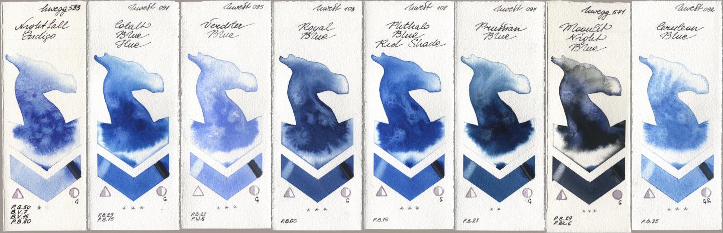Holbein Artists Watercolor 533 Nightfall Indigo, 091 Cobalt Blue Hue, 095 Verditer Blue, 103 Royal Blue, 108 Phthalo Blue Red Shade, 097 Prussian Blue, 571 Moonlit Night Blue, 092 Cerulean Bl watercolor swatch